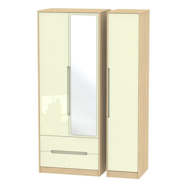 Monaco Wardrobe - 3 Door - 1 Mirror - LHF 2 Drawers - Tall - Combi - Cream Gloss and Light Oak