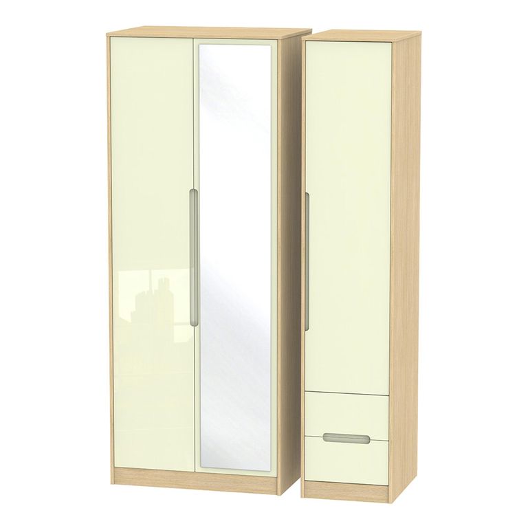 Monaco Wardrobe - 3 Door - 1 Mirror - RHF 2 Drawers - Tall - Combi - Cream Gloss and Light Oak