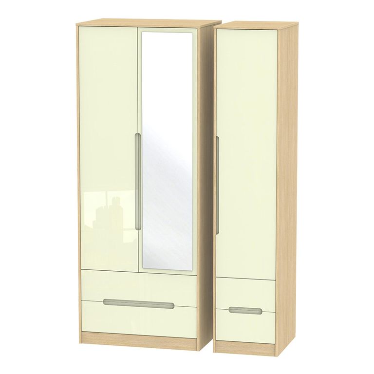 Monaco Wardrobe - 3 Door - 1 Mirror - Tall - Combi - Cream Gloss and Light Oak