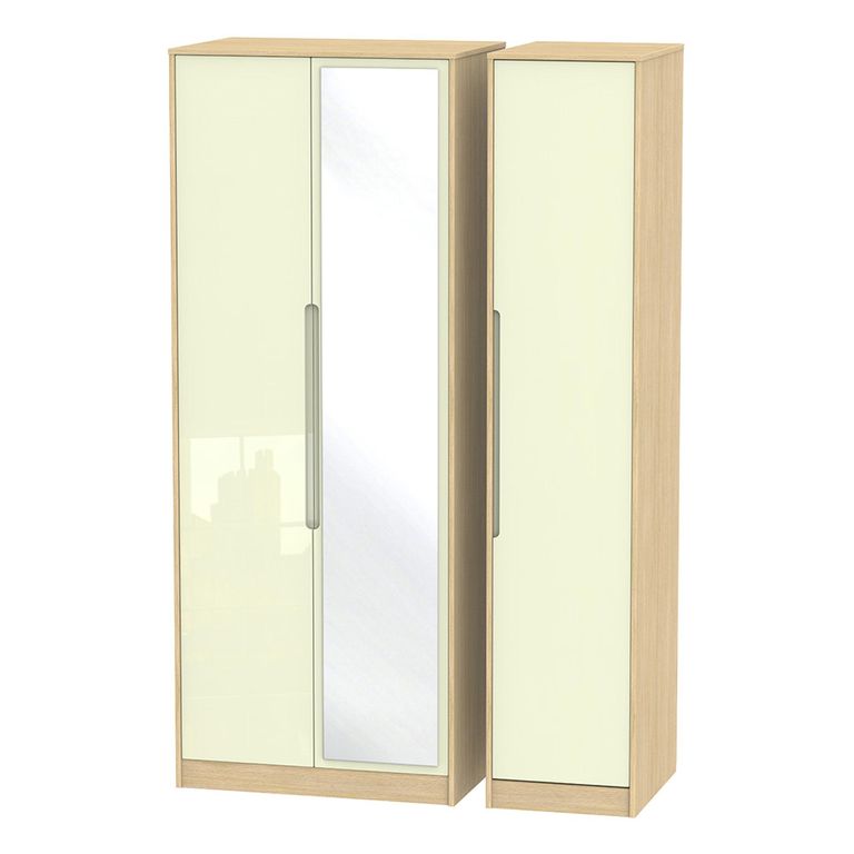 Monaco Wardrobe - 3 Door - 1 Mirror - Tall - Triple - Cream Gloss and Light Oak