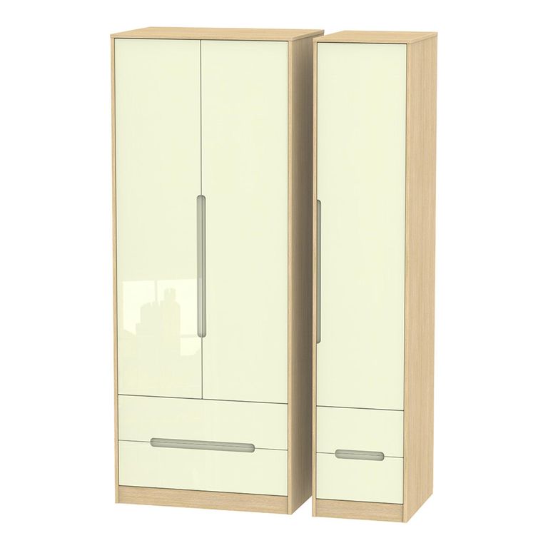 Monaco Wardrobe - 3 Door - 4 Drawers - Tall - Triple - Cream Gloss and Light Oak
