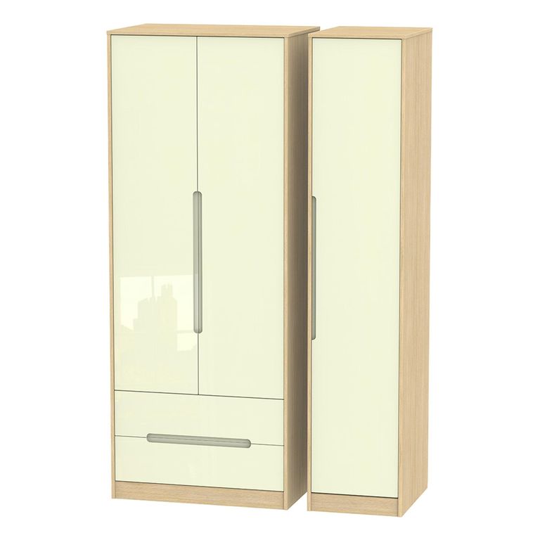 Monaco Wardrobe - 3 Door - LHF 2 Drawers - Tall - Triple - Cream Gloss and Light Oak