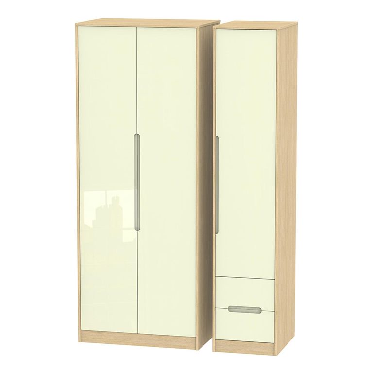 Monaco Wardrobe - 3 Door - RHF 2 Drawers - Tall - Triple - Cream Gloss and Light Oak