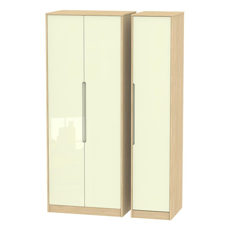 Monaco Wardrobe - 3 Door - Tall - Triple - Cream Gloss and Light Oak