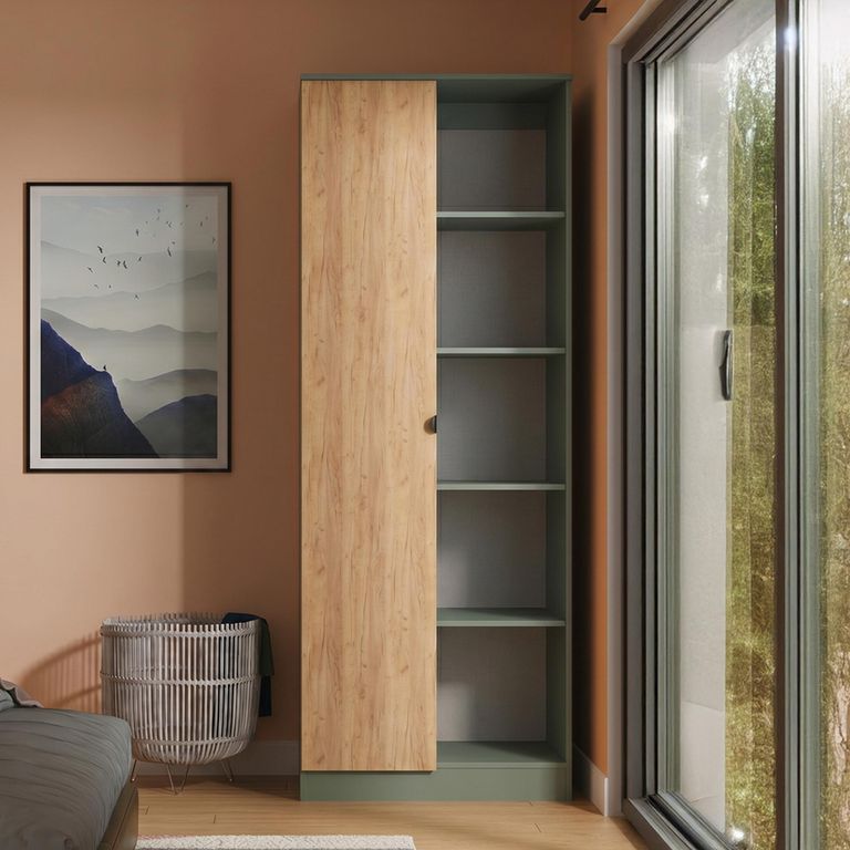 Bora Double Wardrobe - 1 Door - Open Shelf - Gold Craft Oak and Reed Green