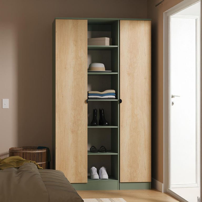 Bora Triple Wardrobe - 2 Door - Open Shelf - Gold Craft Oak and Reed Green