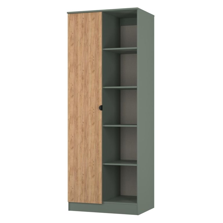 Bora Double Wardrobe - 1 Door - Open Shelf - Gold Craft Oak and Reed Green
