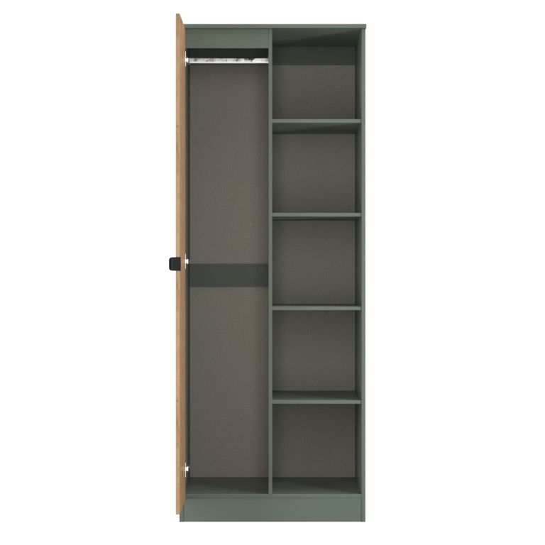 Bora Double Wardrobe - 1 Door - Open Shelf - Gold Craft Oak and Reed Green