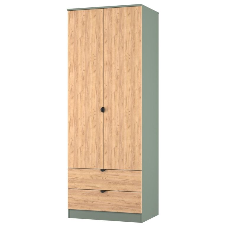 Bora Wardrobe - 2 Door - 2 Drawer - Gold Craft Oak and Reed Green