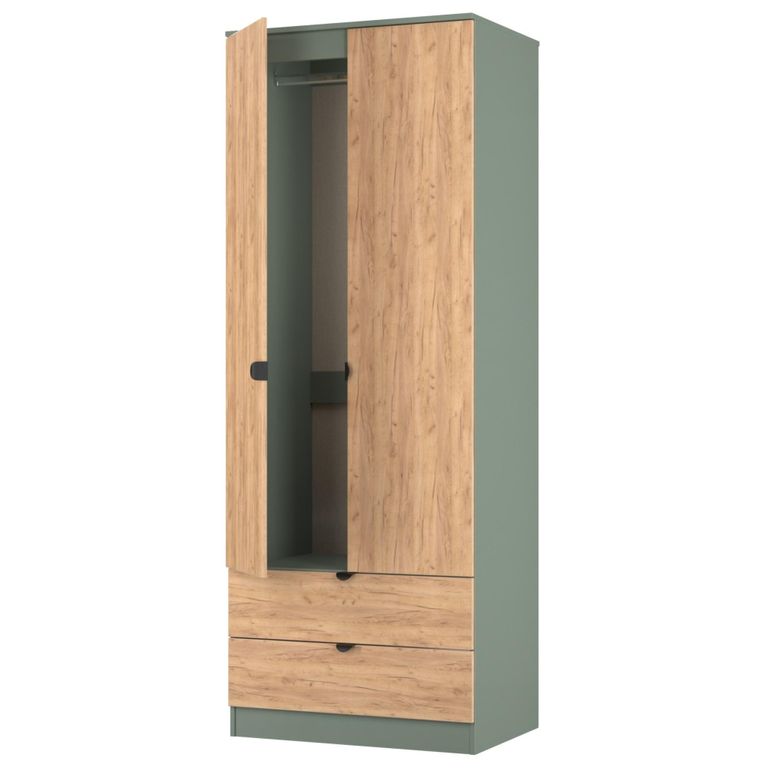 Bora Wardrobe - 2 Door - 2 Drawer - Gold Craft Oak and Reed Green
