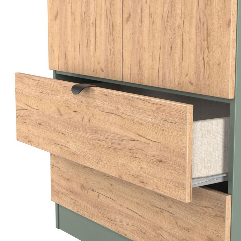 Bora Wardrobe - 2 Door - 2 Drawer - Gold Craft Oak and Reed Green