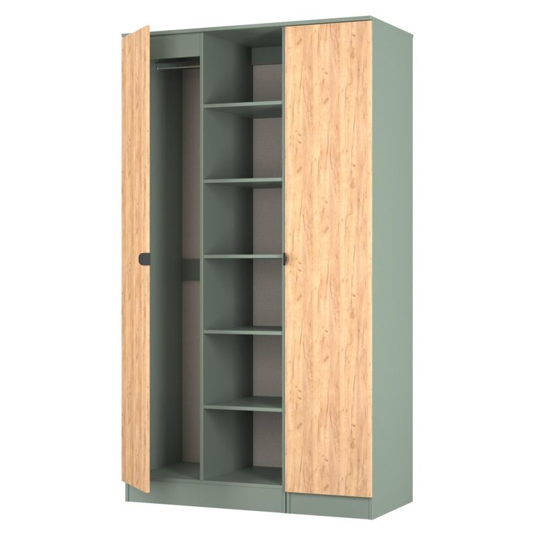 Bora Triple Wardrobe - 2 Door - Open Shelf - Gold Craft Oak and Reed Green