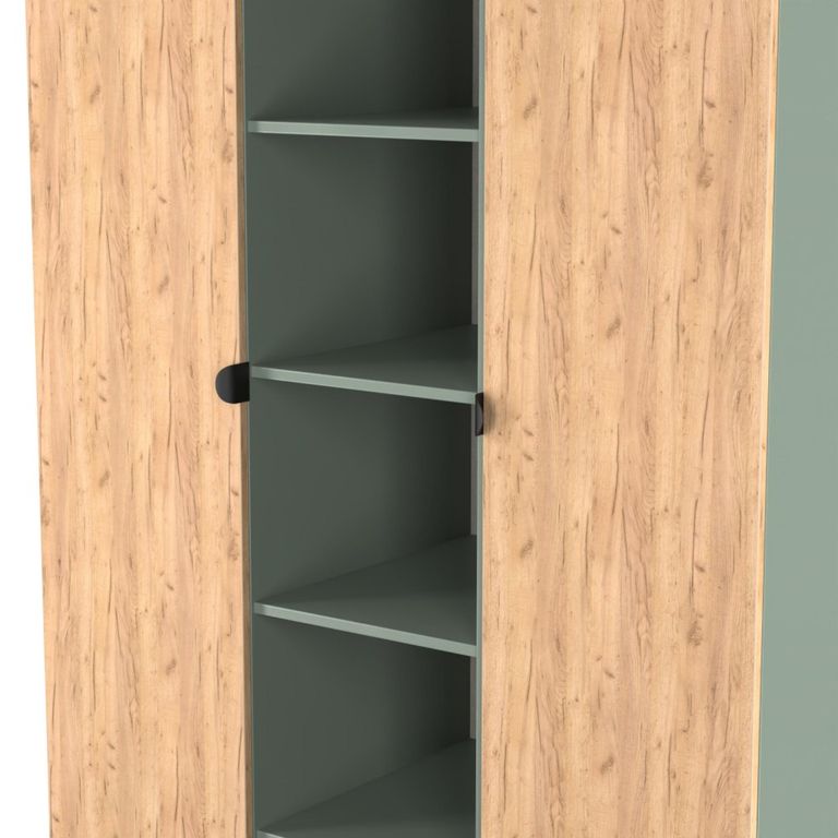 Bora Triple Wardrobe - 2 Door - Open Shelf - Gold Craft Oak and Reed Green
