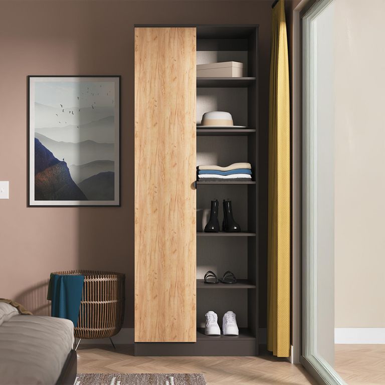 Bora Double Wardrobe - 1 Door - Open Shelf - Gold Craft Oak and Graphite