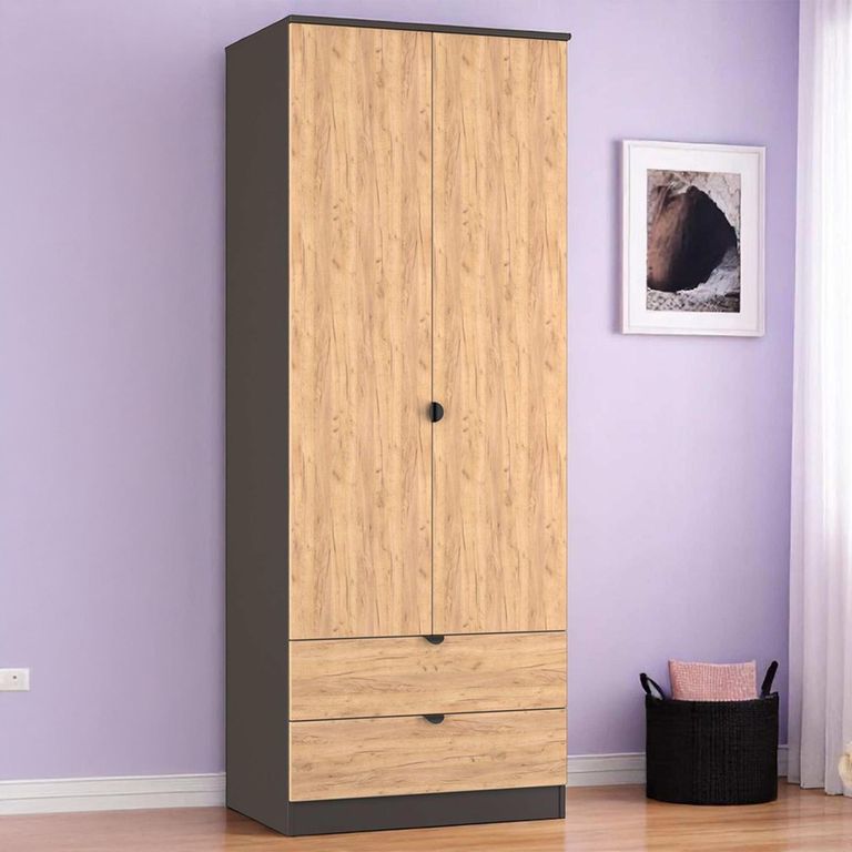 Bora Wardrobe - 2 Door - 2 Drawer - Gold Craft Oak and Graphite