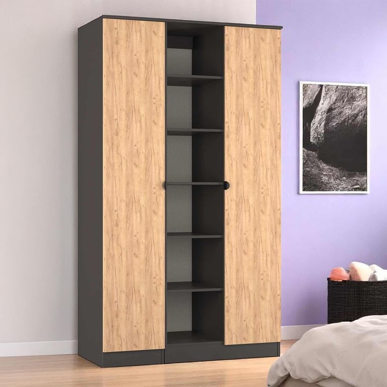 Bora Triple Wardrobe - 2 Door - Open Shelf - Gold Craft Oak and Graphite