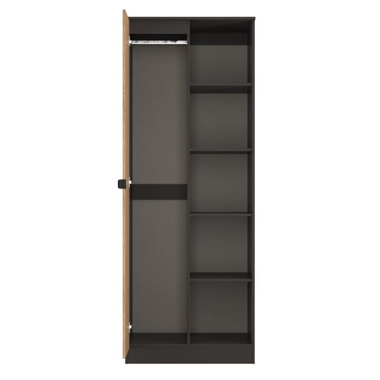 Bora Double Wardrobe - 1 Door - Open Shelf - Gold Craft Oak and Graphite