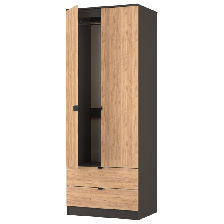 Bora Wardrobe - 2 Door - 2 Drawer - Gold Craft Oak and Graphite
