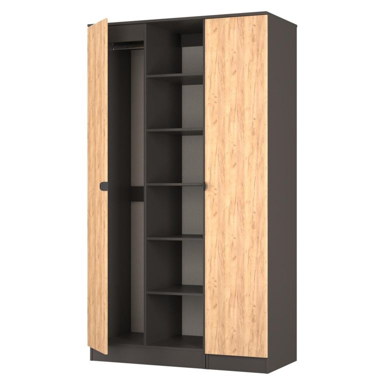 Bora Triple Wardrobe - 2 Door - Open Shelf - Gold Craft Oak and Graphite
