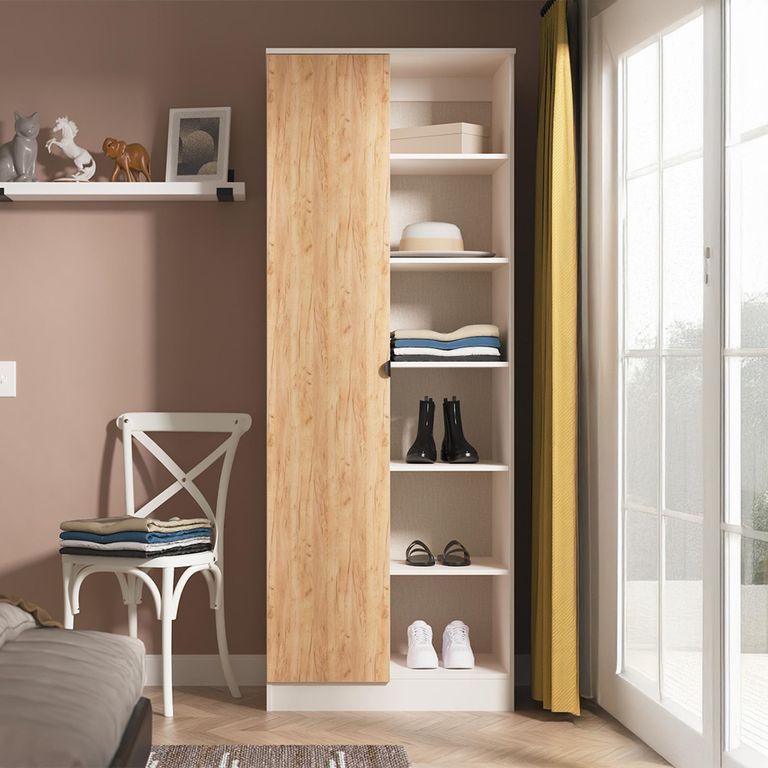 Bora Double Wardrobe - 1 Door - Open Shelf - Gold Craft Oak and Kashmir Matt