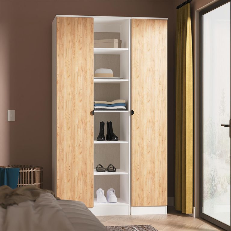 Bora Triple Wardrobe - 2 Door - Open Shelf - Gold Craft Oak and White Matt