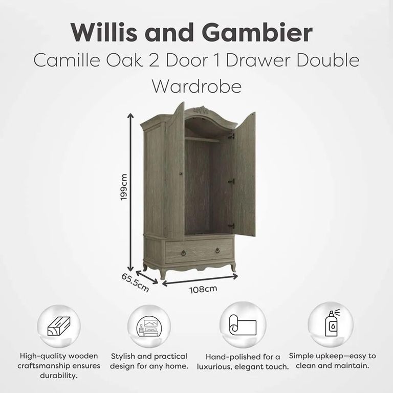 Camille Wardrobe - 2 Door - 1 Drawer - Grey Oak