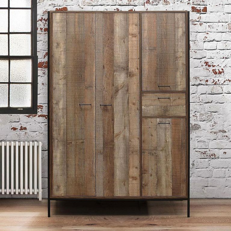 Clearance - Urban Wardrobe - Industrial Style - 4 Door 1 Drawer - Rustic Wood - FSS17389