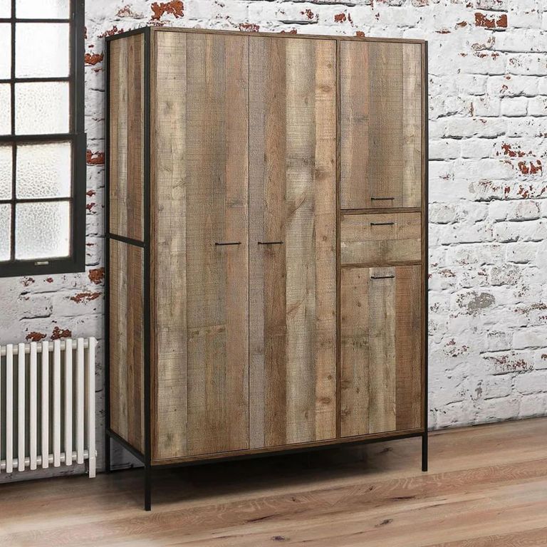 Clearance - Urban Wardrobe - Industrial Style - 4 Door 1 Drawer - Rustic Wood - FSS17389
