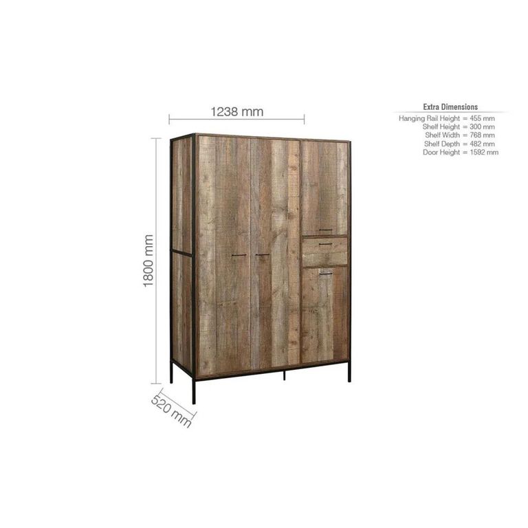Clearance - Urban Wardrobe - Industrial Style - 4 Door 1 Drawer - Rustic Wood - FSS17389