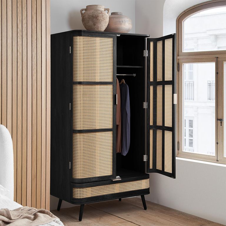 Noah Wardrobe - 2 Door - 1 Drawer - Black - Rattan