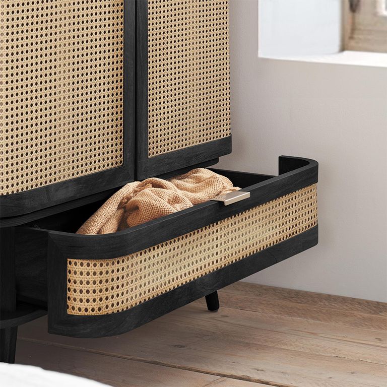 Noah Wardrobe - 2 Door - 1 Drawer - Black - Rattan