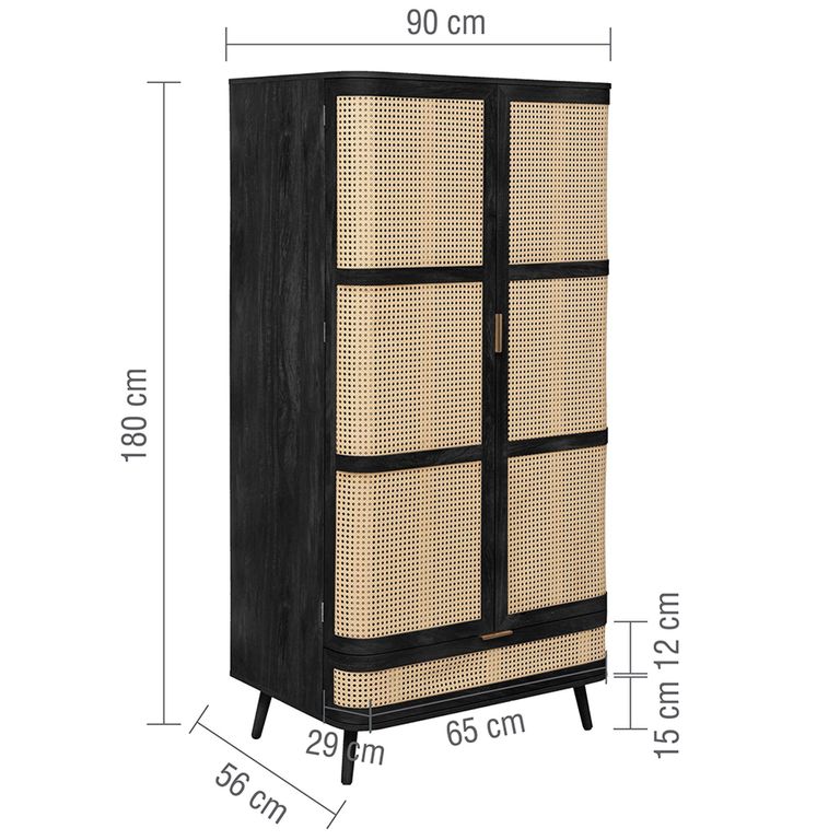Noah Wardrobe - 2 Door - 1 Drawer - Black - Rattan