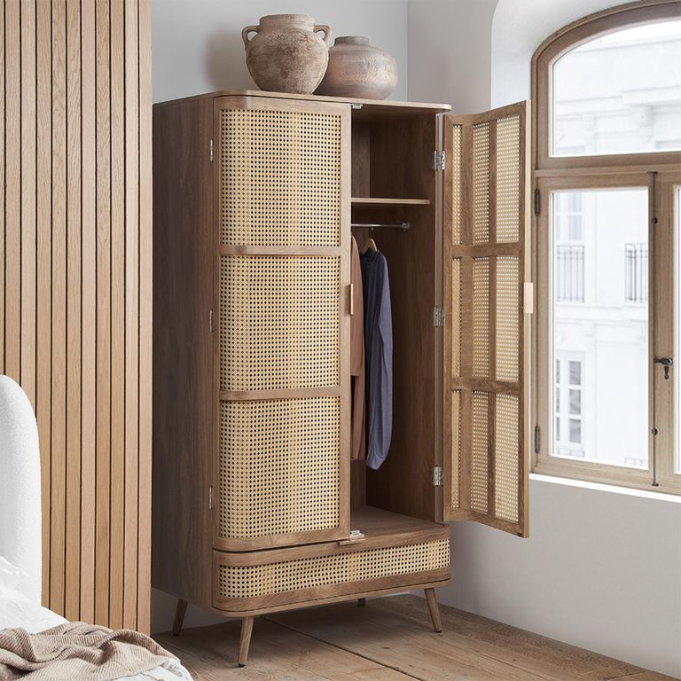Noah Wardrobe - 2 Door - 1 Drawer - Oak and Rattan