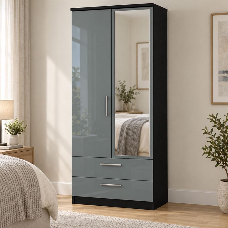 Knightsbridge Grey Gloss and Black 2 Door 1 Mirror Combi Wardrobe