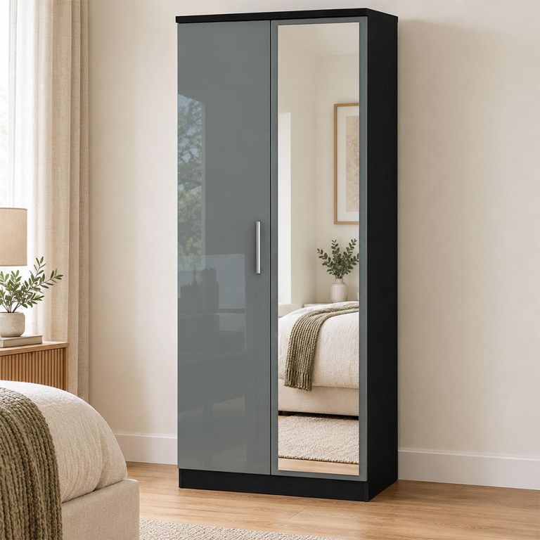 Knightsbridge Grey Gloss and Black 2 Door 1 Mirror Wardrobe