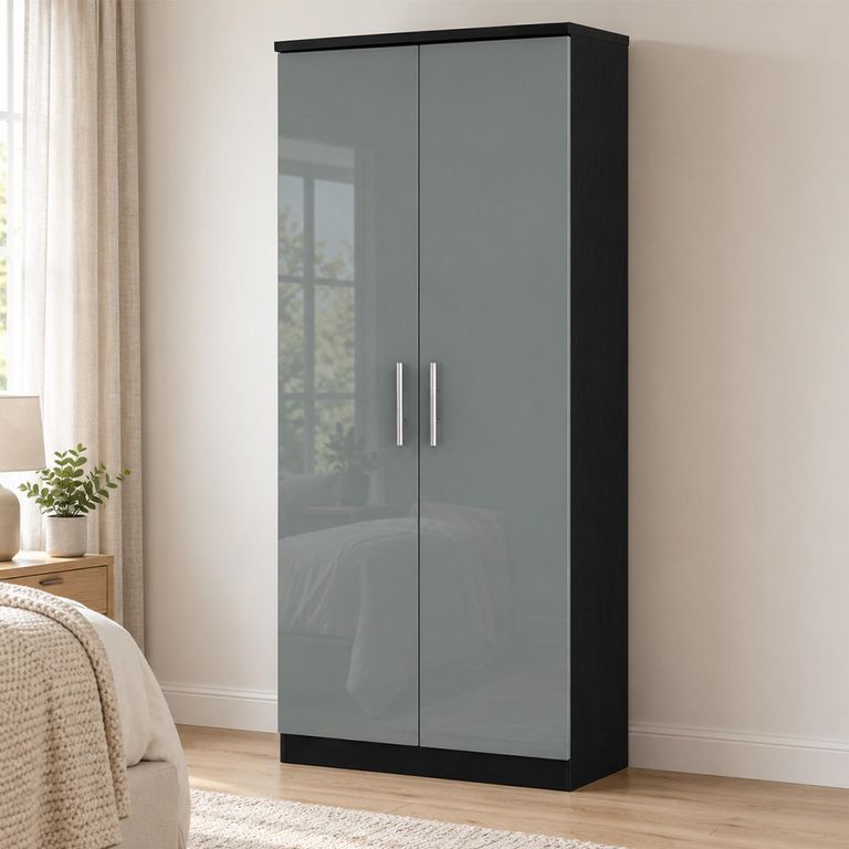 Knightsbridge Grey Gloss and Black 2 Door Plain Wardrobe