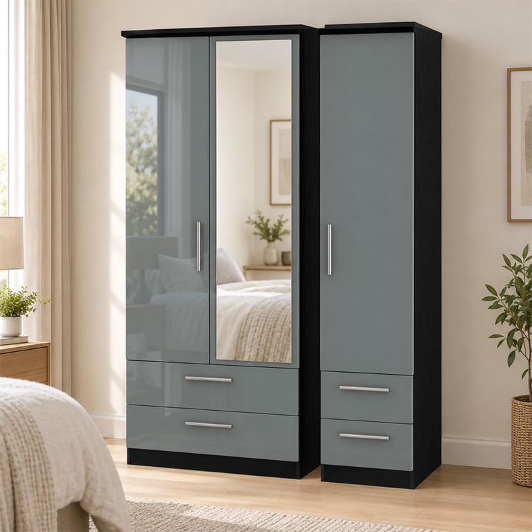 Knightsbridge Grey Gloss and Black 3 Door 1 Mirror Combi Wardrobe