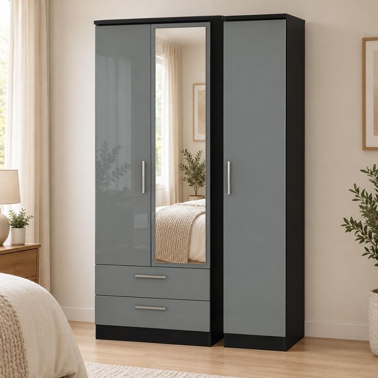 Knightsbridge Grey Gloss and Black 3 Door 1 Mirror LHF 2 Drawer Combi Tall Wardrobe