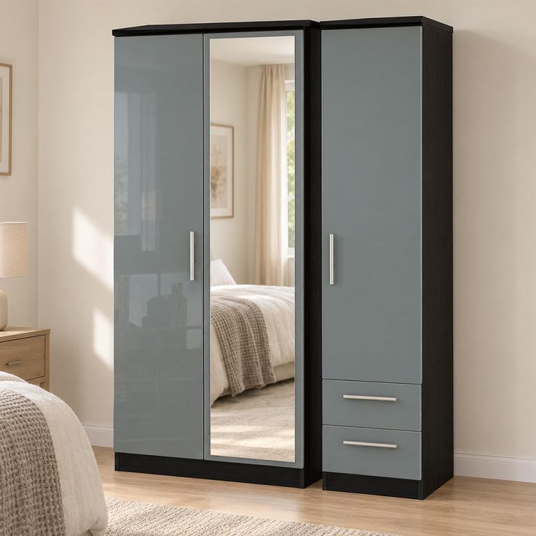 Knightsbridge Grey Gloss and Black 3 Door 1 Mirror RHF 2 Drawer Combi Wardrobe