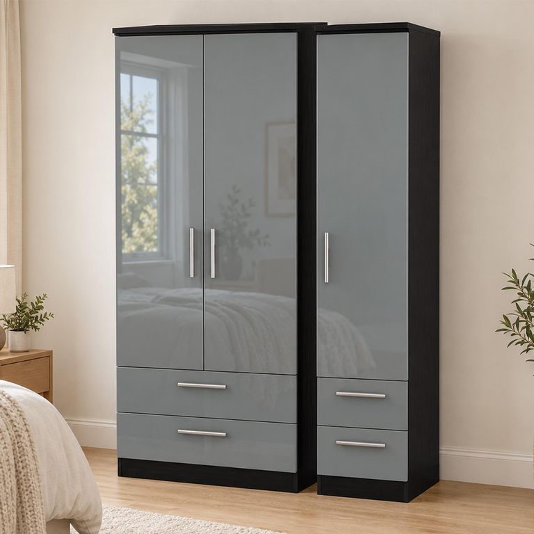 Knightsbridge Grey Gloss and Black 3 Door 4 Drawer Triple Wardrobe