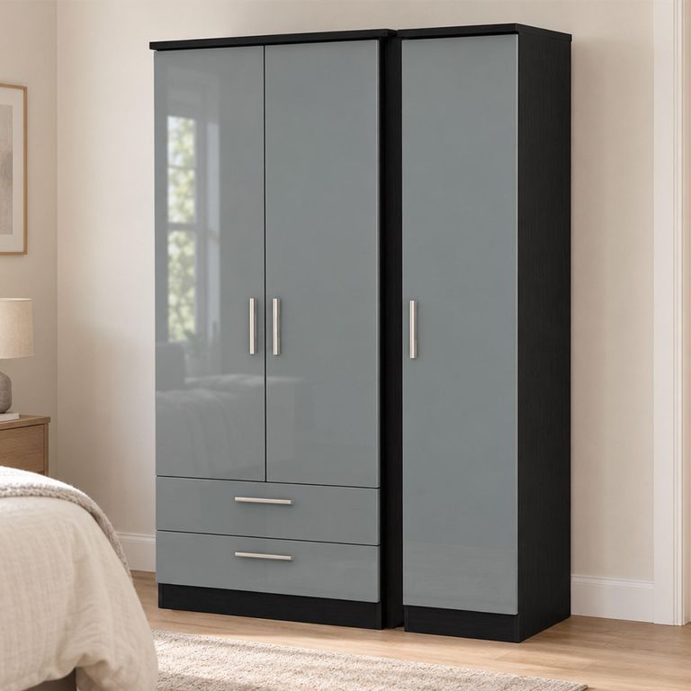Knightsbridge Grey Gloss and Black 3 Door LHF 2 Drawer Triple Tall Wardrobe