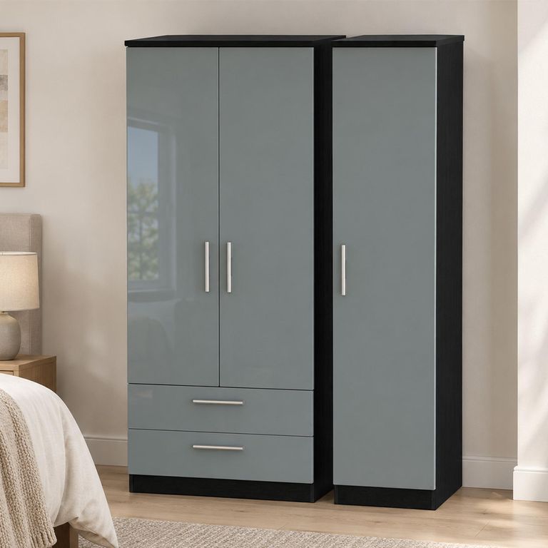 Knightsbridge Grey Gloss and Black 3 Door LHF 2 Drawer Triple Wardrobe