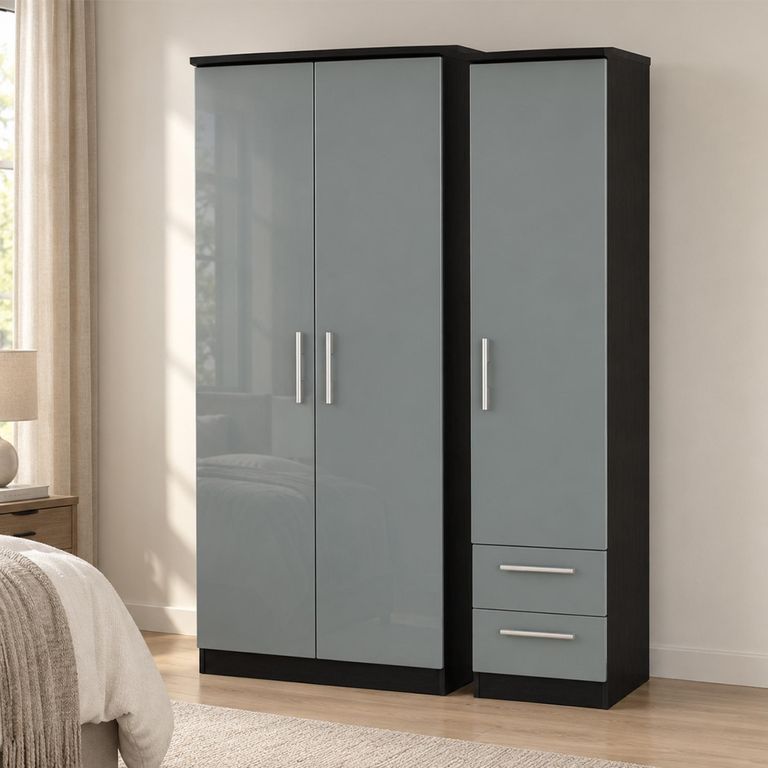 Knightsbridge Grey Gloss and Black 3 Door RHF 2 Drawer Triple Tall Wardrobe