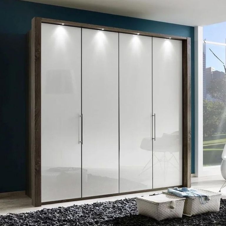 Loft Grey Glass and Oak Carcase 4 Door Bi Fold Wardrobe
