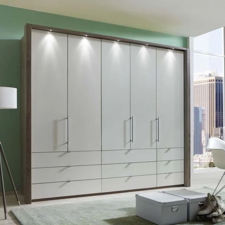Loft Grey Glass and Oak Carcase 5 Door Bi Fold 9 Drawer Wardrobe