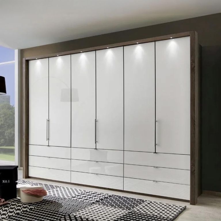 Loft Grey Glass and Oak Carcase 6 Door Bi Fold 9 Drawer Wardrobe