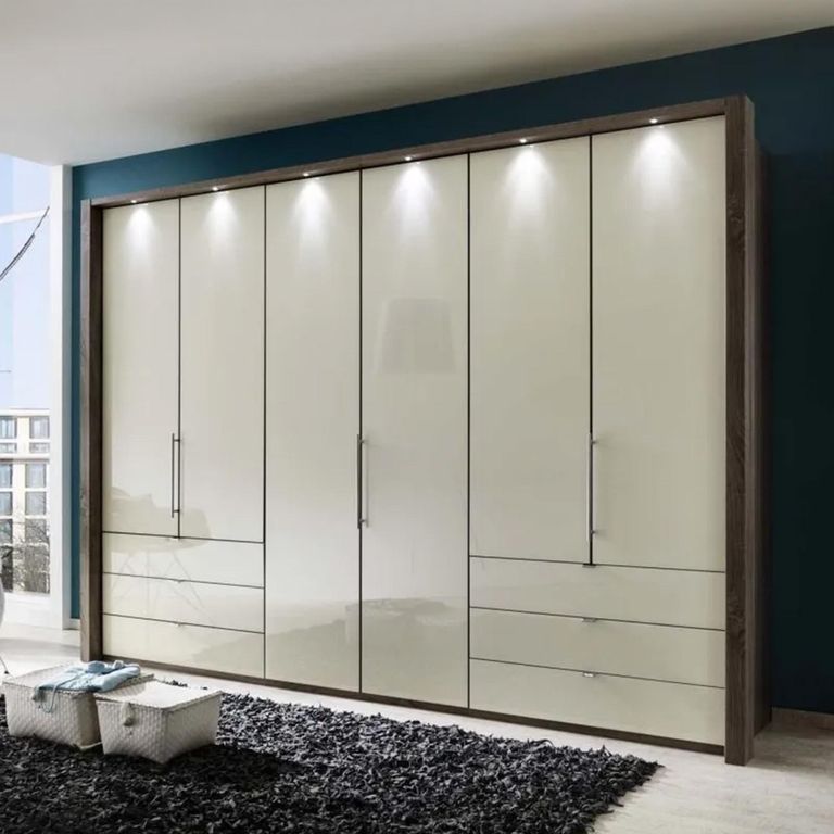 Loft Magnolia Glass and Oak Carcase 6 Door Bi Fold 6 Drawer Wardrobe
