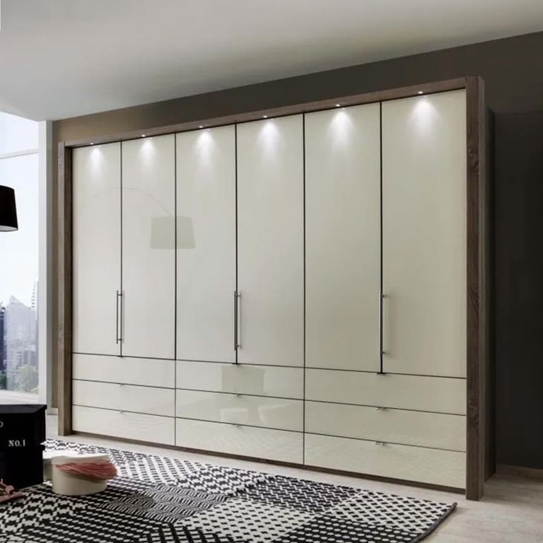 Loft Magnolia Glass and Oak Carcase 6 Door Bi Fold 9 Drawer Wardrobe