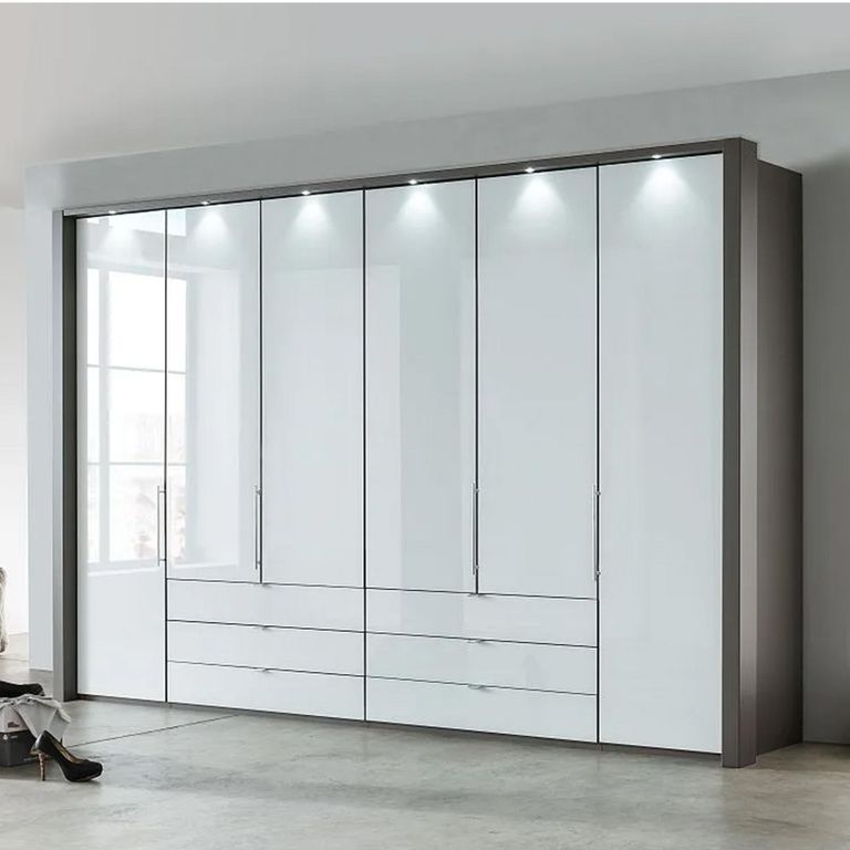 Loft White Glass and Oak Carcase 6 Door Bi Fold 6 Drawer Wardrobe