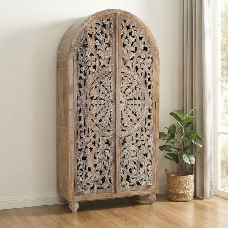 Aura Distressed White Washed Hand Carved Floral 2 Door Arched Wardrobe